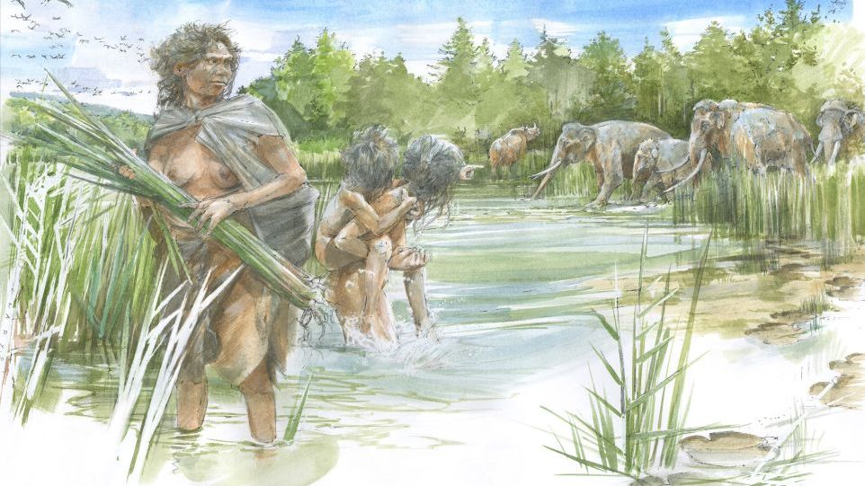 Watercolor of a family of Homo heidelbergensis by the water, in the background elephants.