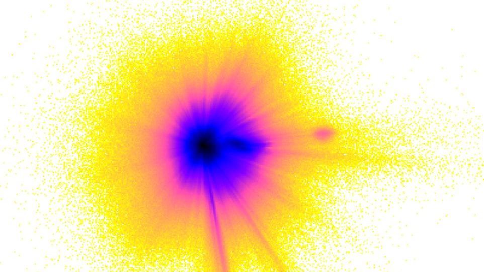 Großskalige Karte (330.000 Lichtjahre Kantenlänge) der Sterndichte von 217 Millionen Sternen der Gaia DR3 XP Daten in galaktozentrischen, kartesischen Koordinaten.