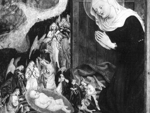 Gemäldeausschnitt: Maria und das Jesuskind, im Hintergrund u.a. Engel, Hirten, Josef