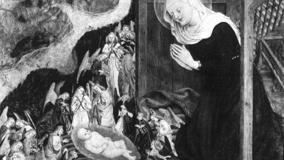 Gemäldeausschnitt: Maria und das Jesuskind, im Hintergrund u.a. Engel, Hirten, Josef