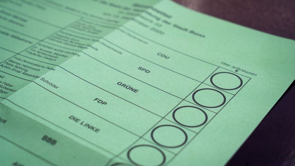 German ballot paper, the column "Tick here" is not filled in