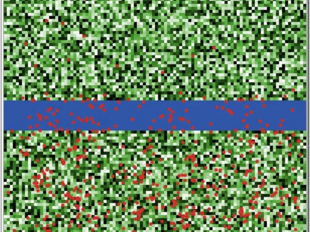 In der Mitte ein senkrechter blauer Streifen und rote kleine Punkte über das ganze Bild verstreut, Hintergrund grün-schwarz verpixelt