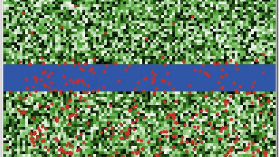 In der Mitte ein senkrechter blauer Streifen und rote kleine Punkte über das ganze Bild verstreut, Hintergrund grün-schwarz verpixelt