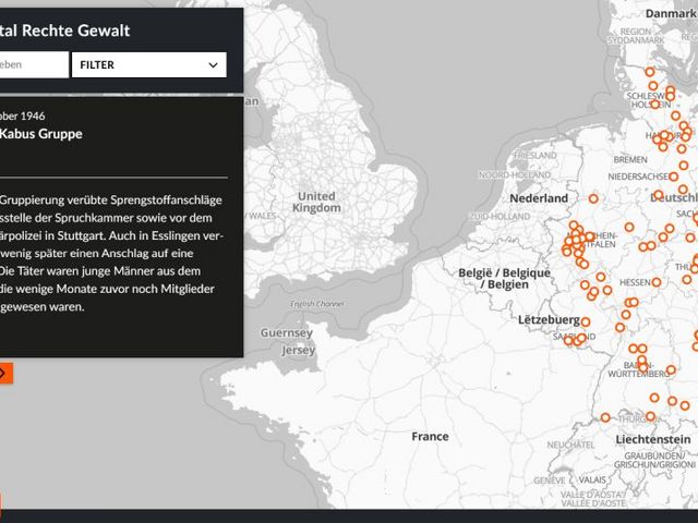 Screenshot einer interaktiven Karte des Themenportals Rechte Gewalt