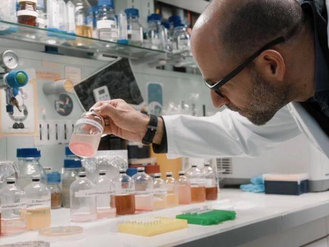 Leibniz-Forscher Christian Hertweck in einem Labor, beobachtet Flüssigkeit in einem Reagenzglas