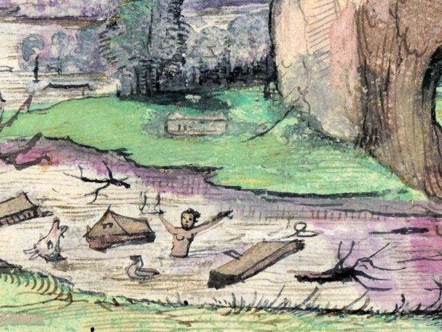 Eine Landschaftszeichnung: Eine helle Landschaft mit einem Fluss, der nach einem Hochwasser zahlreiche Holzbretter und andere Gegenstände mit sich führt. In der Mitte des Flusses ist ein Mensch zu sehen, der die Arme nach oben streckt. Rechts im Bild befindet sich ein großer Felsbogen..