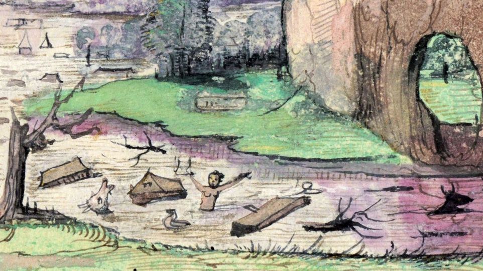 Darstellung von extremen Niederschlägen und Hochwassern des 13. Jahrhunderts im „Ehrenspiegel“ des Jakob Fugger. Eine Landschaftszeichnung: Eine helle Landschaft mit einem Fluss, der nach einem Hochwasser zahlreiche Holzbretter und andere Gegenstände mit sich führt. In der Mitte des Flusses ist ein Mensch zu sehen, der die Arme nach oben streckt. Rechts im Bild befindet sich ein großer Felsbogen..