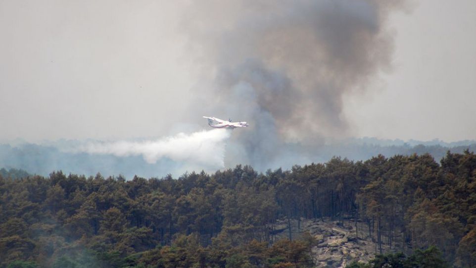 Ein Löschflugzeug über Fontainebleau, 15. Juli 2026 Rauch über Wald mit Löschflugzeug