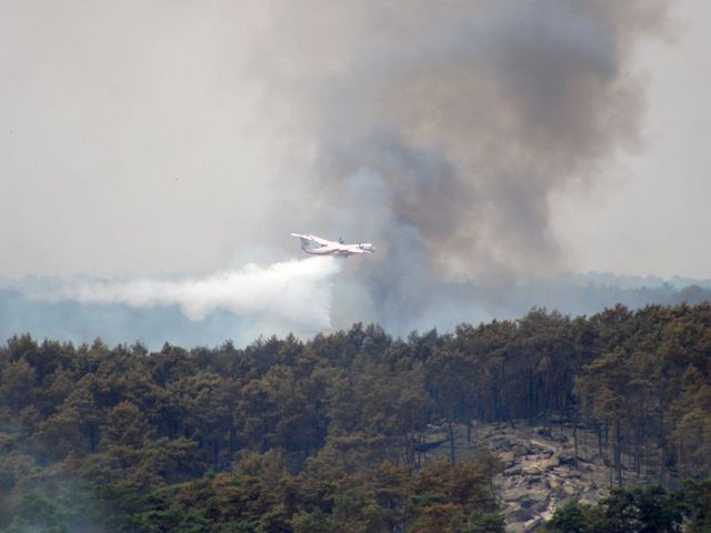 Rauch über Wald mit Löschflugzeug