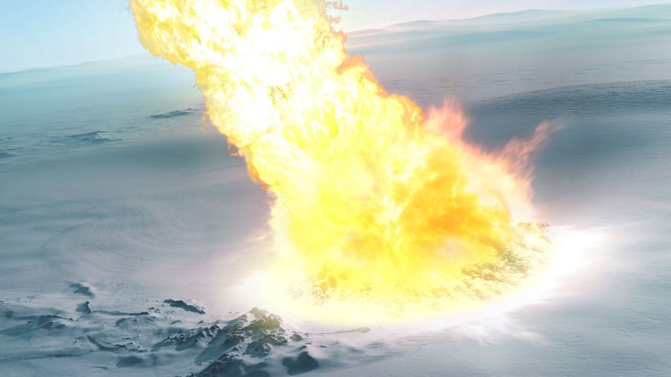 Animierter Meteoriteneinschlag auf vereister Landschaft