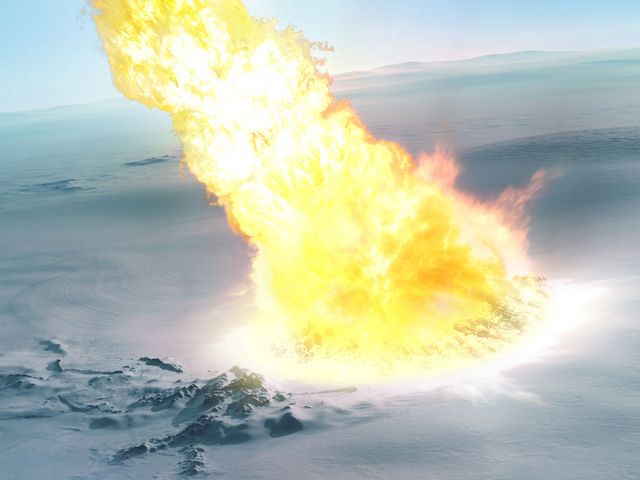 Animierter Meteoriteneinschlag auf vereister Landschaft