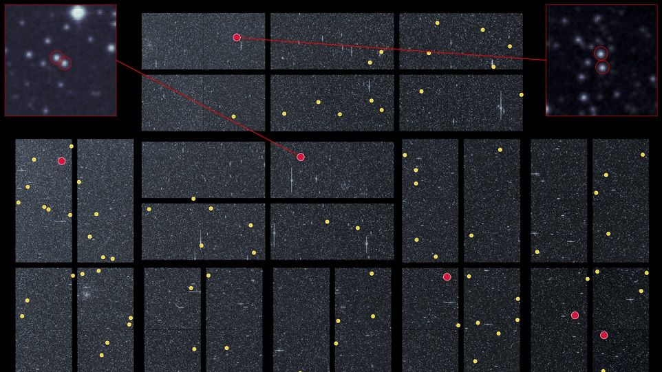 In this compilation of images taken with the Kepler telescope, the positions of some of the far double stars from the study are marked in yellow and red. Recording of stars