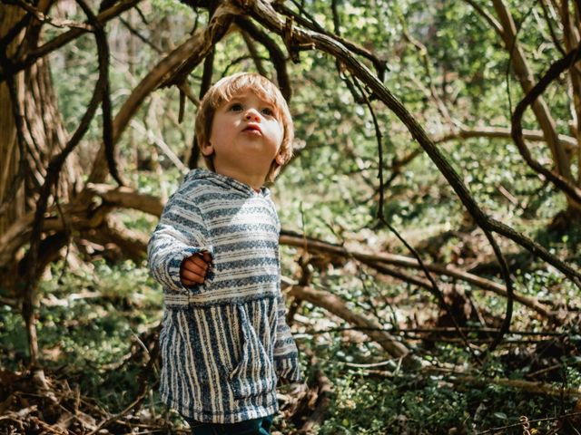 Kleines Kind blickt sich im Wald um