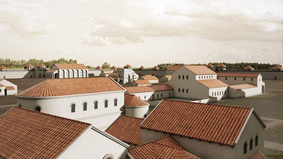 Illustriertes Panorama über Stadt in Spätantike