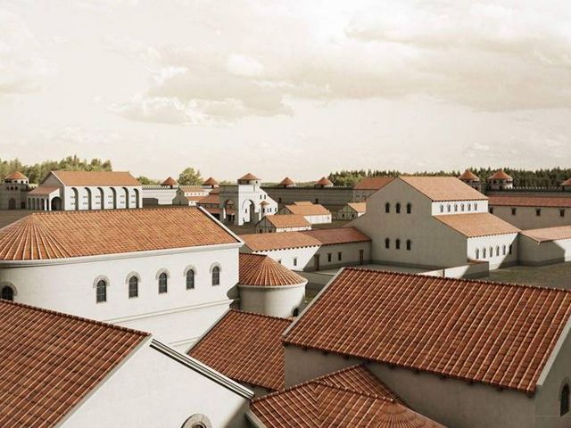 Illustriertes Panorama über Stadt in Spätantike 