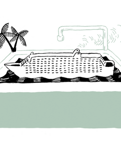 Illustration eines Kreuzfahrtschiffes, das in einer Badewanne schwimmt.