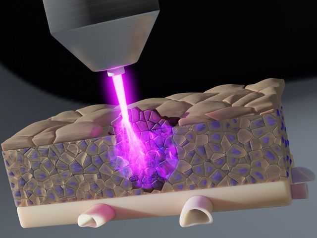 Simulation of a tissue model treated with purple radiation.