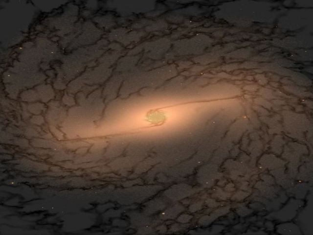 High-resolution hydrodynamic simulation of the SMUGGLE-Ring project: A bar of stars channels gas into the centre of a Milky Way-like galaxy, where a central star cluster and a surrounding nuclear stellar disc grow together. Visualisation of a barred galaxy from a simulation. In the brightly glowing centre, a central star cluster and a nuclear stellar disc can be seen, surrounded by spiral structures.