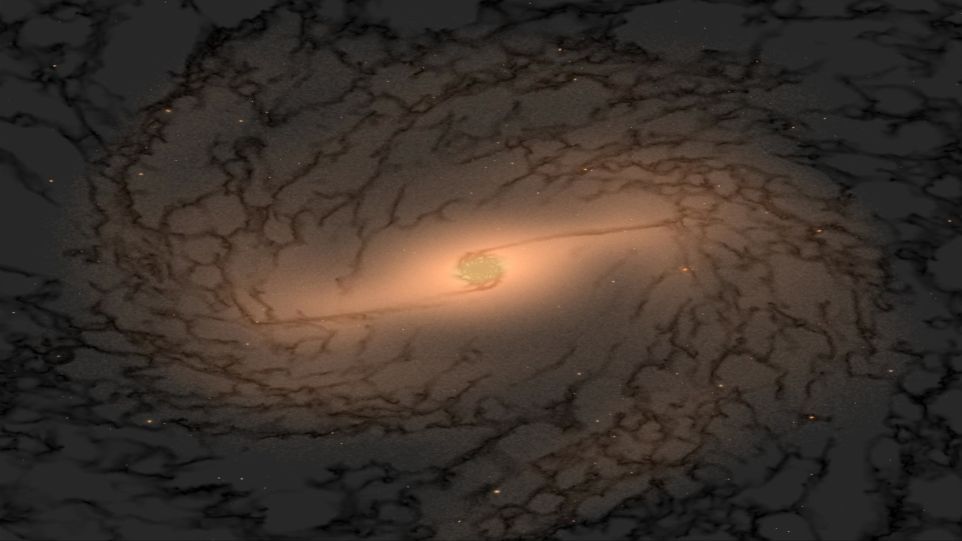 High-resolution hydrodynamic simulation of the SMUGGLE-Ring project: A bar of stars channels gas into the centre of a Milky Way-like galaxy, where a central star cluster and a surrounding nuclear stellar disc grow together. Visualisation of a barred galaxy from a simulation. In the brightly glowing centre, a central star cluster and a nuclear stellar disc can be seen, surrounded by spiral structures.