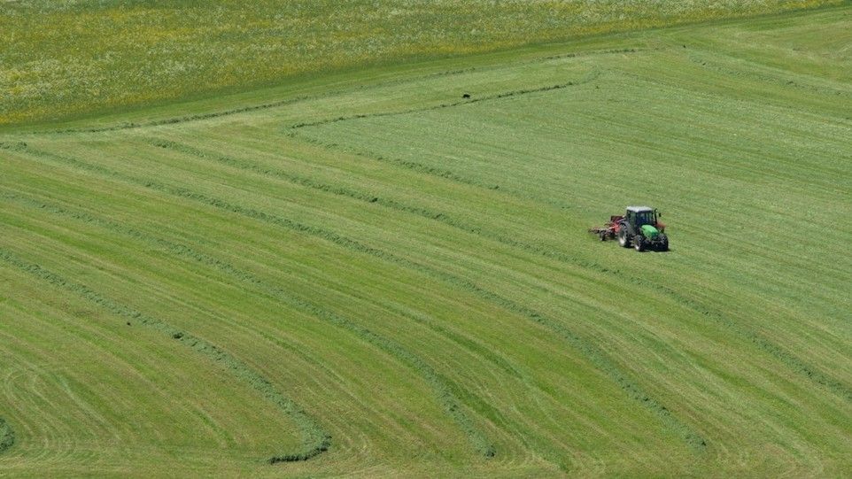 Vogelperspektive von strahlend grünem Grasland, auf welchem Traktor fährt