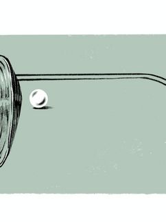 Illustration einer Muschel und einer Perle, die Muschel ist zugleich ein Brillenglas.