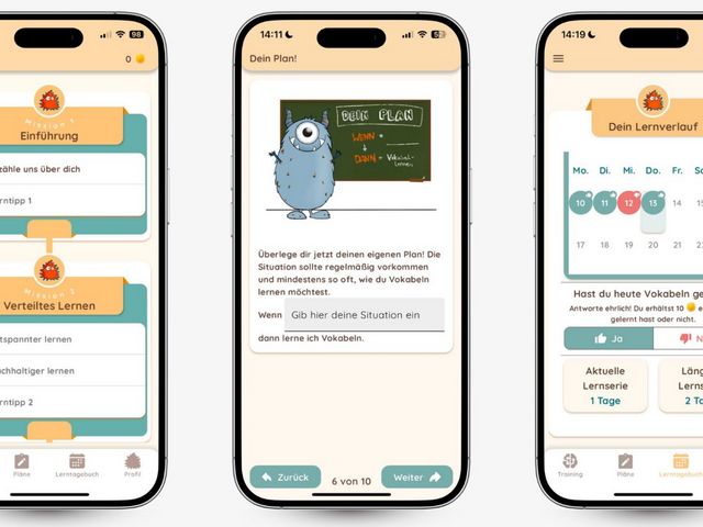 Drei Handyscreens mit der geöffneten Prompt-App