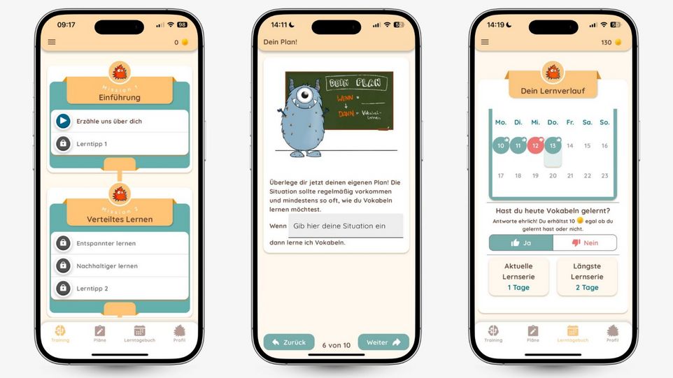 Das Trainingsprogramm „Mission Monsterhilfe“ wird zusammen mit der Lernplan-App „PROMPT“ angewendet und über mehrere Wochen in den Unterricht eingebettet. Drei Handyscreens mit der geöffneten Prompt-App