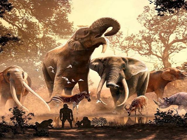 Illustration with four powerful-looking elephants at a waterhole in the jungle, with zebras, a rhinoceros and apes in the foreground.