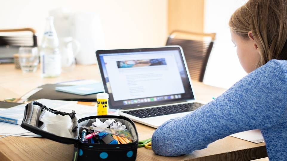 Junges Mädchen arbeitet daheim an einem Laptop, links von ihr befindet sich ein geöffnetes Federmäppchen