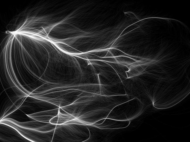 Geschwungene weiße Linien auf schwarzem Grund: Darstellung der Verteilung der Materie im lokalen Universum.