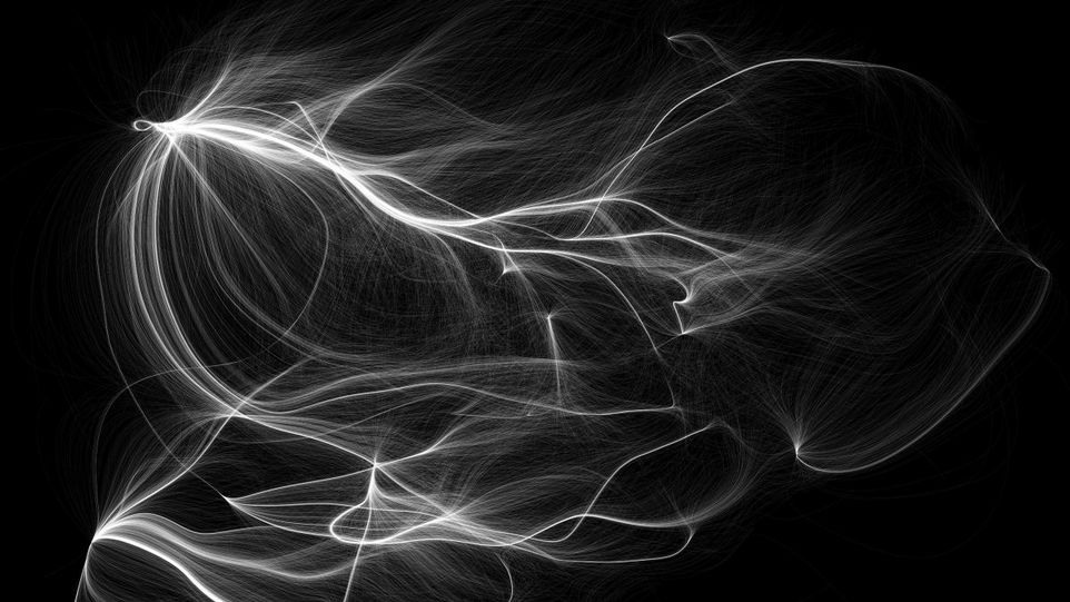 Darstellung der Verteilung der Materie im lokalen Universum: Das Bild zeigt, wie die Materie fließt, also entlang welcher Bahnen (dünne Linien) sich die Galaxien bewegen. Geschwungene weiße Linien auf schwarzem Grund: Darstellung der Verteilung der Materie im lokalen Universum.