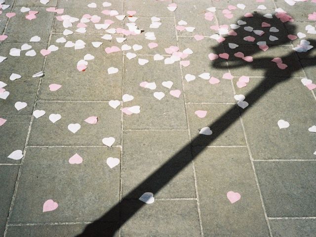 Rosa und weiße Papierherzchen auf dem Asphalt