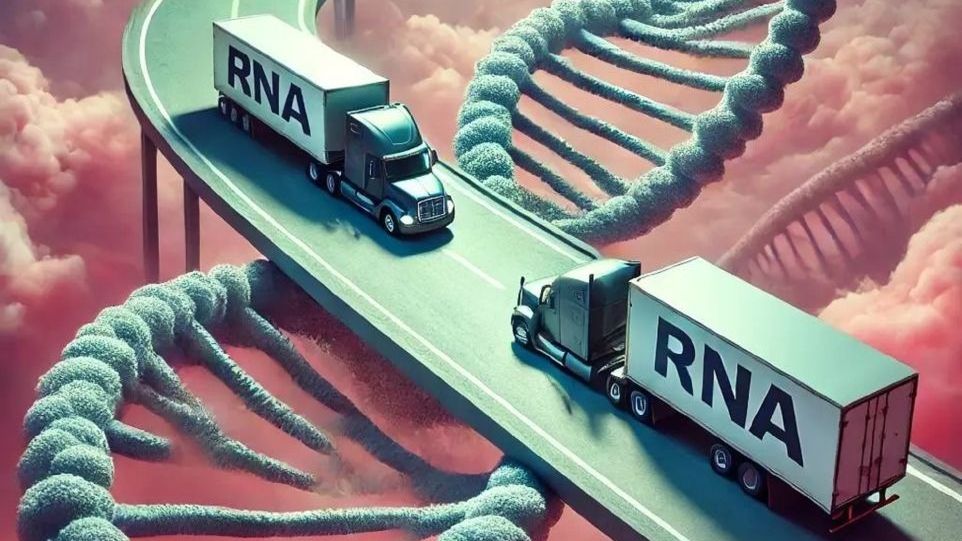 Grafik mit zwei Lastwagen, die sich auf einer Autobahn begegnen, jeweils mit der Aufschrift "RNA"