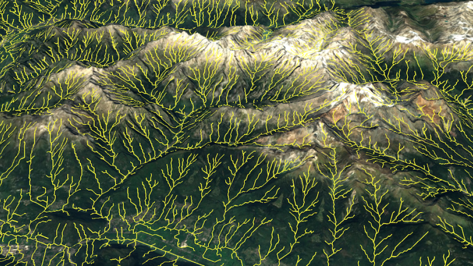 3D-Visualisierung des Flussnetzes in einem Tal am Comer See 
