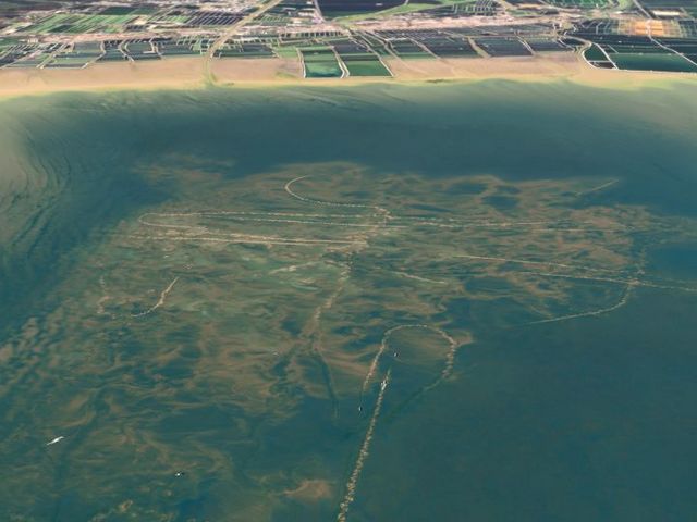 Luftaufnahme von Schleppnetz-zerfurchten Sedimenten im Küstenbereich