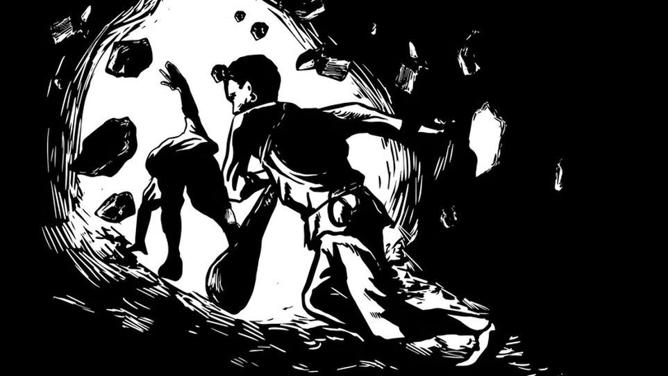 Illustration der Salzmänner, Flucht aus einstürzendem Bergwerk