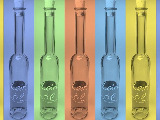 Collage aus Fotos einer Leinölflasche