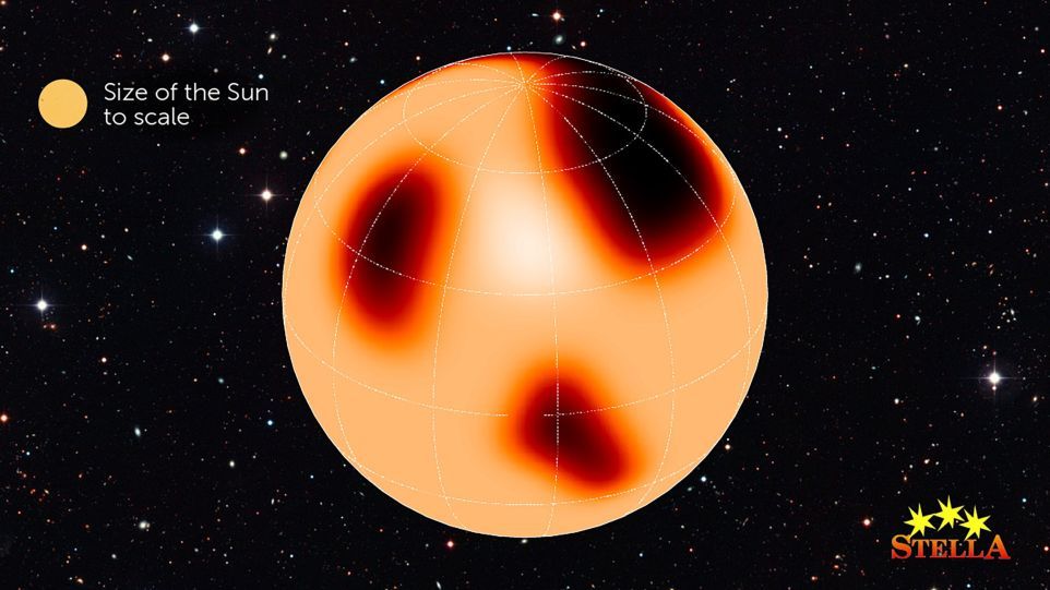 Snapshot image of the surface of the K-giant XX Trianguli. The size of the Sun is shown for comparison. Illustration of spot formation on a star