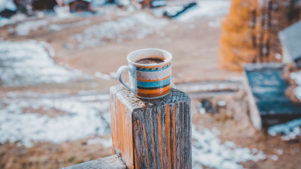Kafeetasse auf Baumstamm