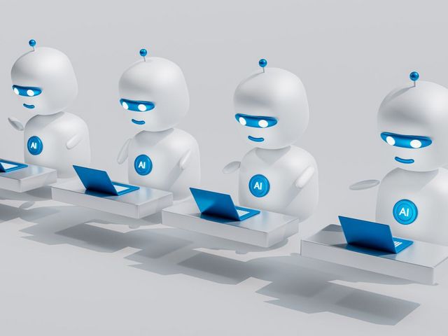 Kleine Roboter mit Aufdruck "AI" vor Laptops