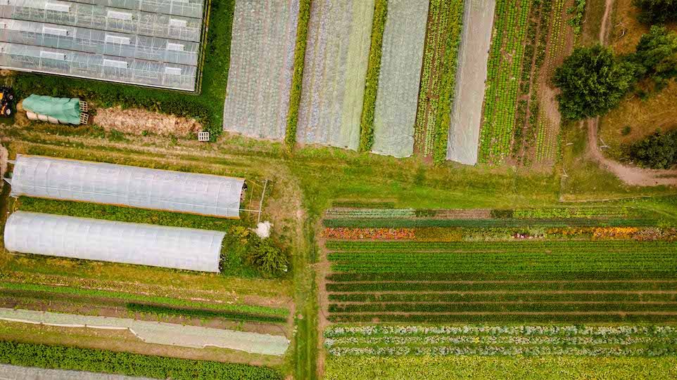 Ziel des Projekts KOPOS ist es, ein auf kooperativen Prinzipien aufbauendes Modell für den Zugang zu Land zu entwickeln und zu testen. Ackerlandschaft aus Vogelperspektive