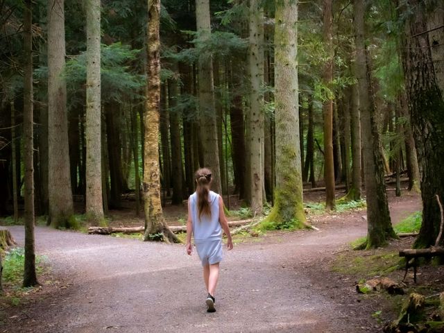 Girl at a fork in the road in the forest