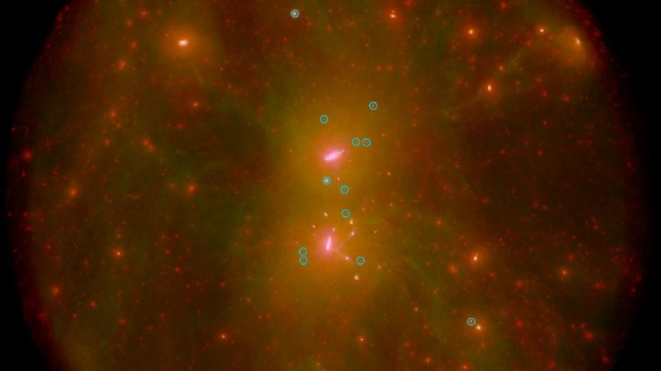 Dunkle Materie, das Gas und die Sterne in einer der Simulationen der Lokalen Gruppe von HESTIA.