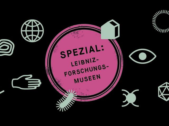 Animierte Grafik mit verschiedenen Symbolen zum Thema Forschung, mittig die Aufschrift "Spezial: Leibniz-Forschungsmuseen"