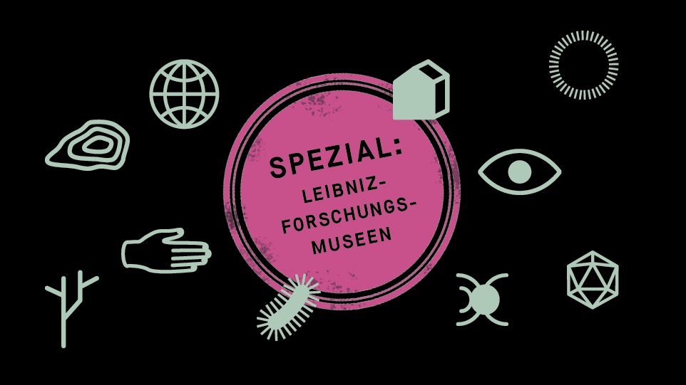 Animierte Grafik mit verschiedenen Symbolen zum Thema Forschung, mittig die Aufschrift "Spezial: Leibniz-Forschungsmuseen"