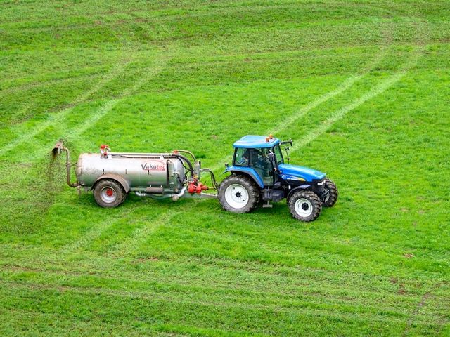 Düngender Traktor auf grünem Feld 