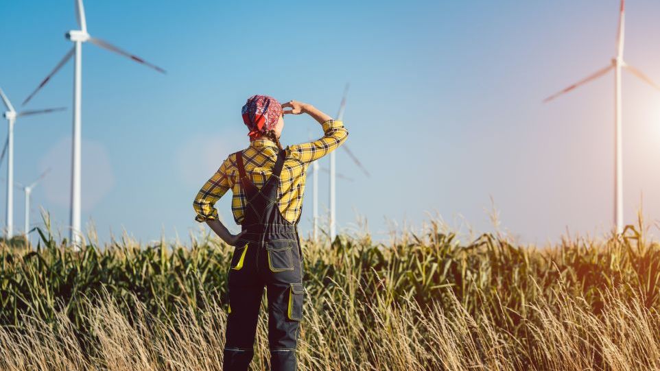 Frau in Latzhose vor einem Getreidefeld, sie schirmt ihre Augen ab, der Blick geht in Richtung einiger Windräder