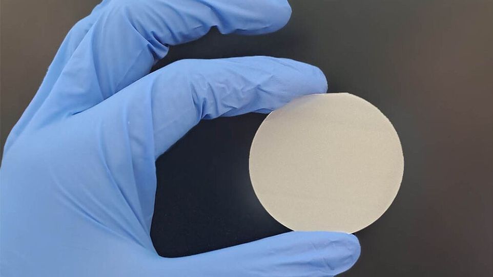 Hand mit Schutzhandschuh hält einen runden Wafer 